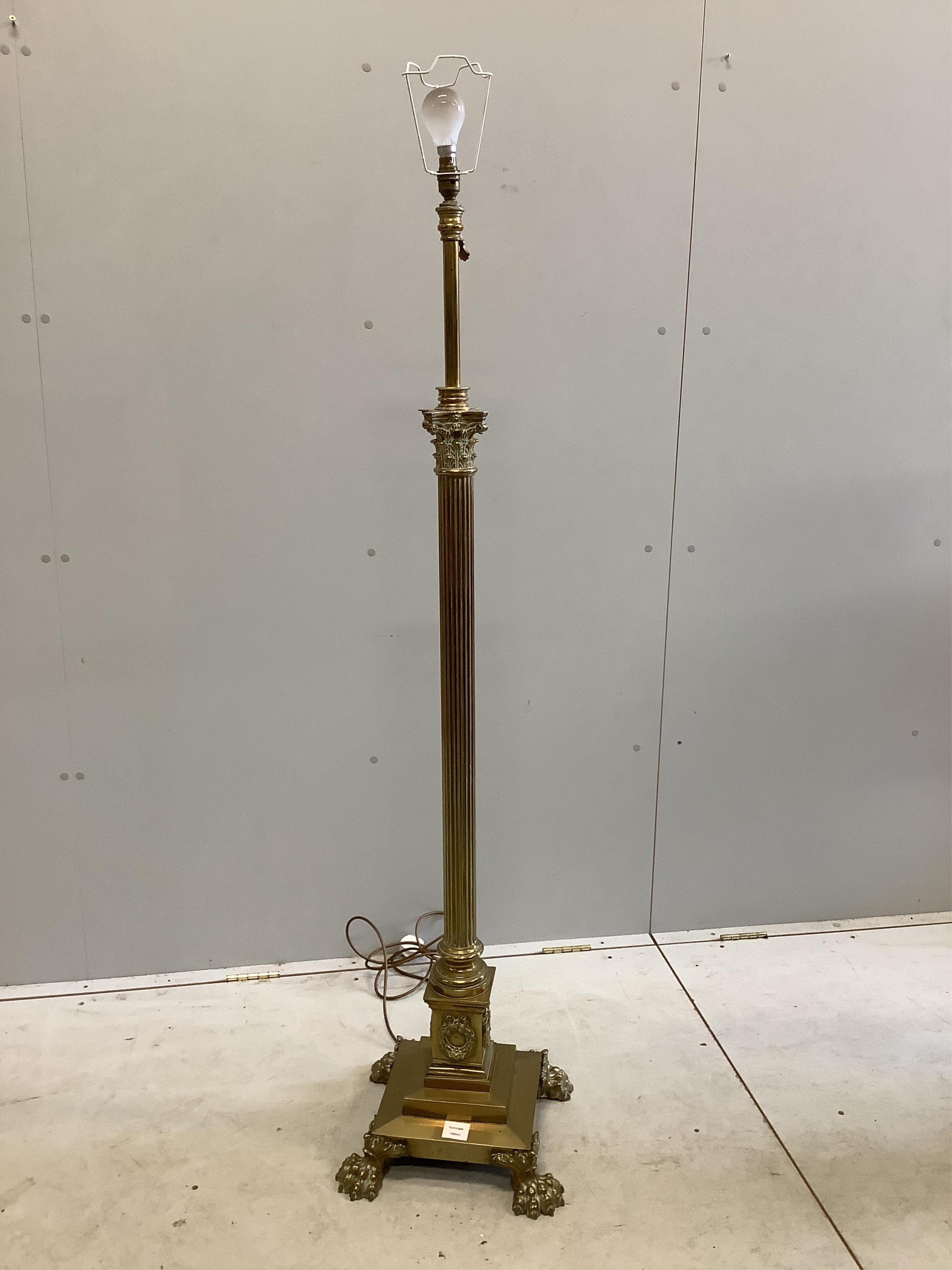 An Edwardian Corinthian column brass lamp standard, height including shade 182cm. Condition - fair to good